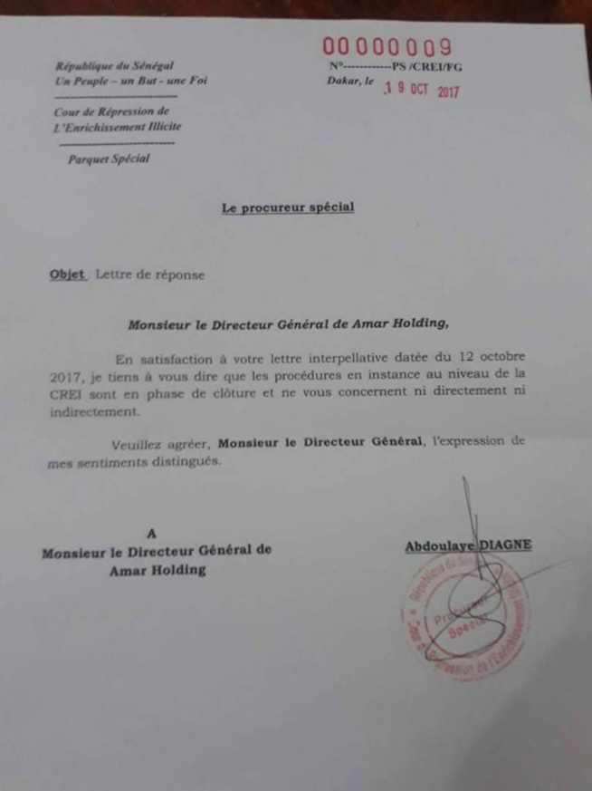 DOCUMENT: La Crei blanchit Cheikh Amar : « Les procédures en instance à la Crei ne vous concernent ni directement ni indirectement »