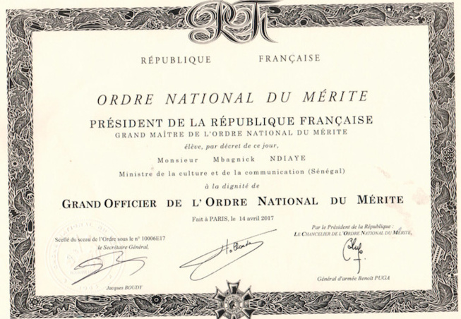 Grand Officier de l’Ordre National du Mérite : le ministre Mbagnik Ndiaye décoré par la France (DOCUMENT)