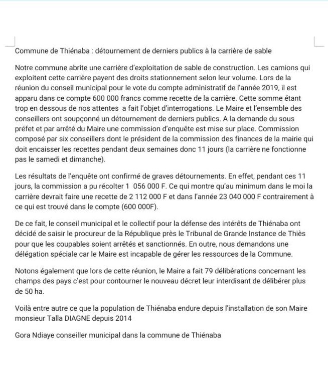 Commune de Thiénaba : détournement de derniers publics à la carrière de sable