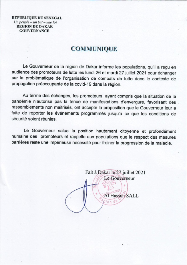 Le gouverneur de Dakar prend ses responsabilités et annule tous les combats de lutte