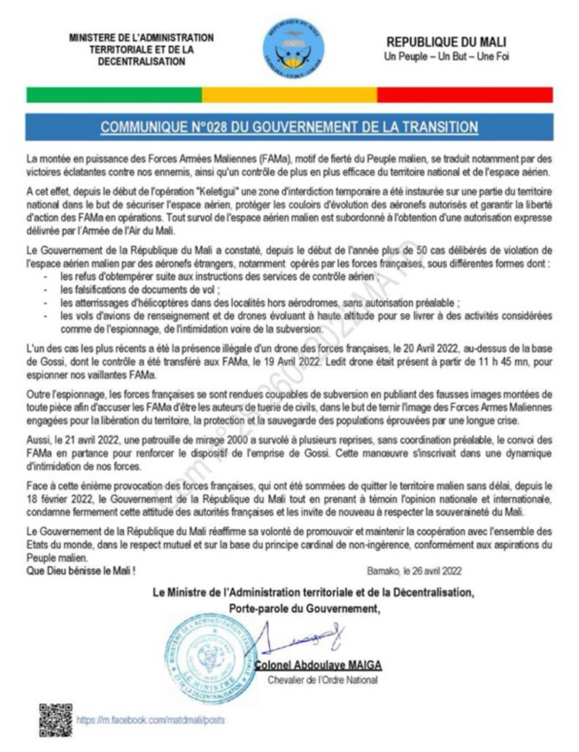 Violation de son espace aérien: le Gouvernement Malien condamne cette "provocation des forces francaises"