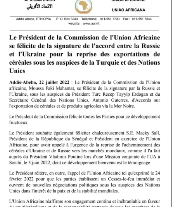 Céréales, vers un ouf de soulagement : l’UA magnifie la signature de convention entre la Russie et l’Ukraine grâce à Erdogan et l’ONU