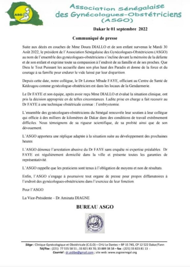 Kédougou / Mme Diallo décédée en couches: L'AASGO défend son collègue, le Dr Faye, et prévient tout média qui...