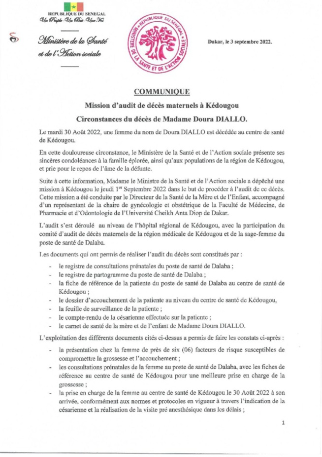 Décès de Mme Doura Diallo en salle d’accouchement : audit et version du ministère de la Santé