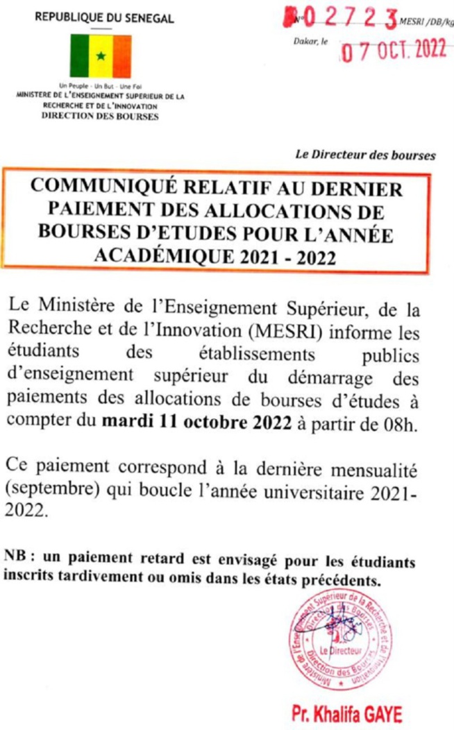 Bonne nouvelle pour les étudiants : Le paiement des allocations des bourses démarre mardi prochain !