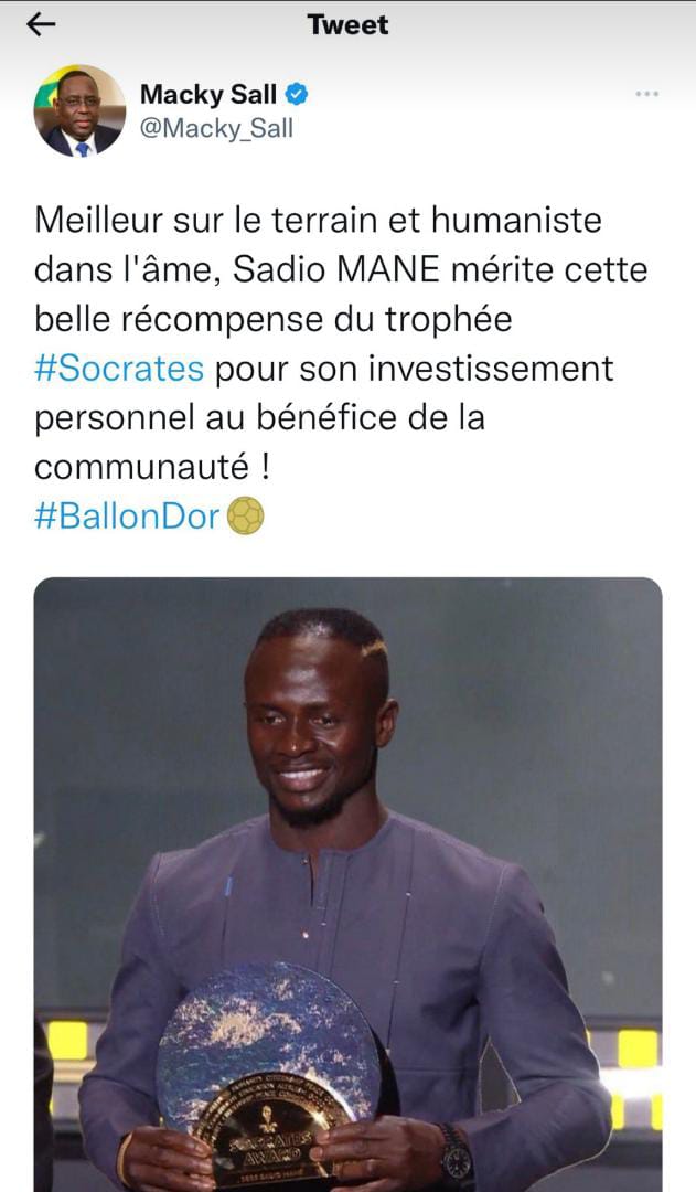 Ballon d'Or 2022 : L'émouvant hommage de Macky Sall sur Sadio Mané, qu'il qualifie de...