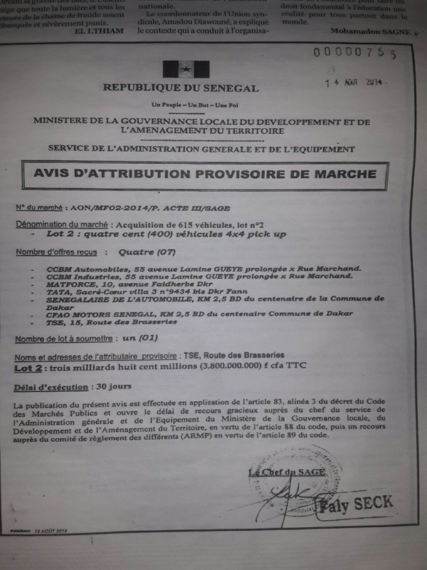 La TSE de Cheikh Amar gagne la confiance de l' ARMP sur un marché de 400 véhicules de 3 milliards huit  cent millions FCFA