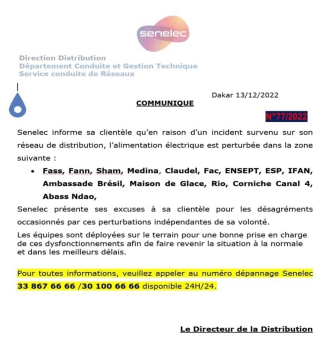 Réseau électrique : La Senelec informe sur des perturbations en vue dans certaines localités