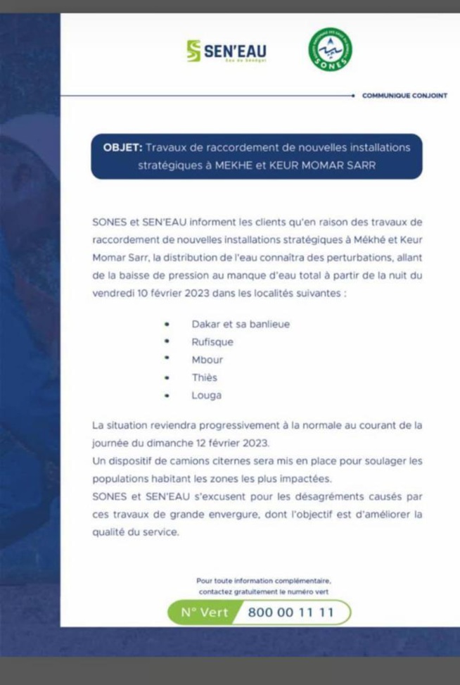 Approvisionnement en eau : Dakar et sa banlieue, Rufisque, Mbour, Thiès et Louga vers des perturbations