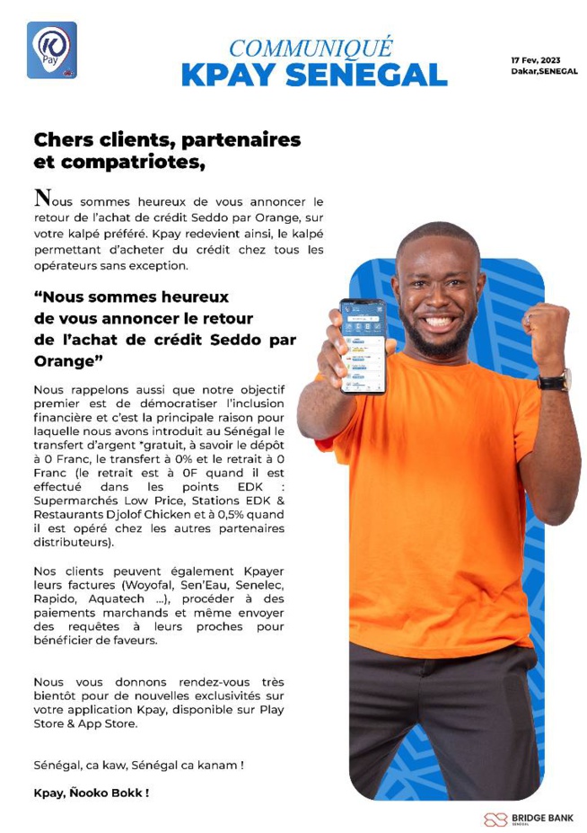 URGENT: Bonne nouvelle pour les clients de KPAY Téléphonie : L'achat de crédit Orange est de retour sur Kpay