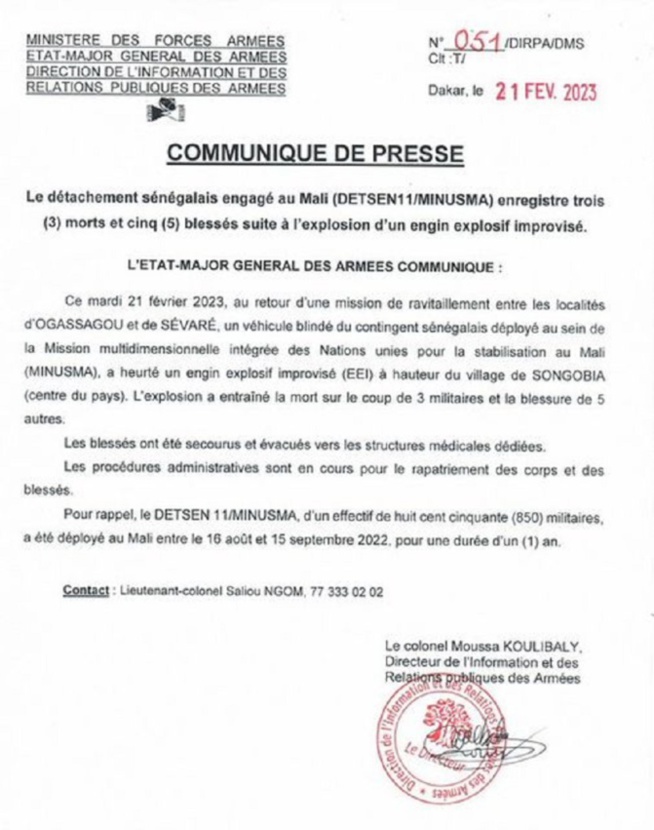 Mali : Trois soldats sénégalais de la Minusma tués suite à l’explosion d’une bombe artisanale