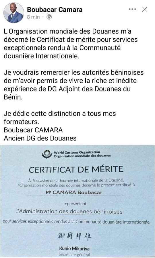 Sous le manteau du Bénin Boubacar Camara honoré : il décroche le Certificat de mérite pour services exceptionnels de l’Organisation mondiale des Douanes