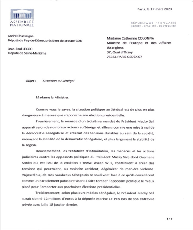 Situation politique au Sénégal : Deux députés français interpellent la ministre de l’Europe et des Affaires étrangères