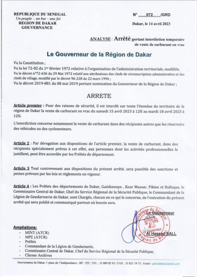 Arrêté du Gouverneur de la région de Dakar du 14 avril 2023 portant interdiction temporaire de vente de carburant en vrac.