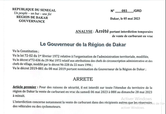 Arrêté du gouverneur de Dakar, portant interdiction temporaire de vente de carburant en vrac