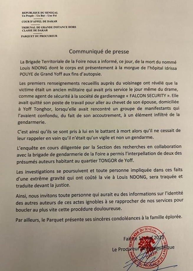 Urgent – Affrontement à Yoff : Un mort annoncé par le Procureur (Communiqué)