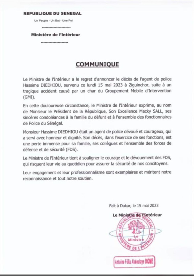 Ziguinchor: Le ministre de l'Intérieur confirme la mort du policier