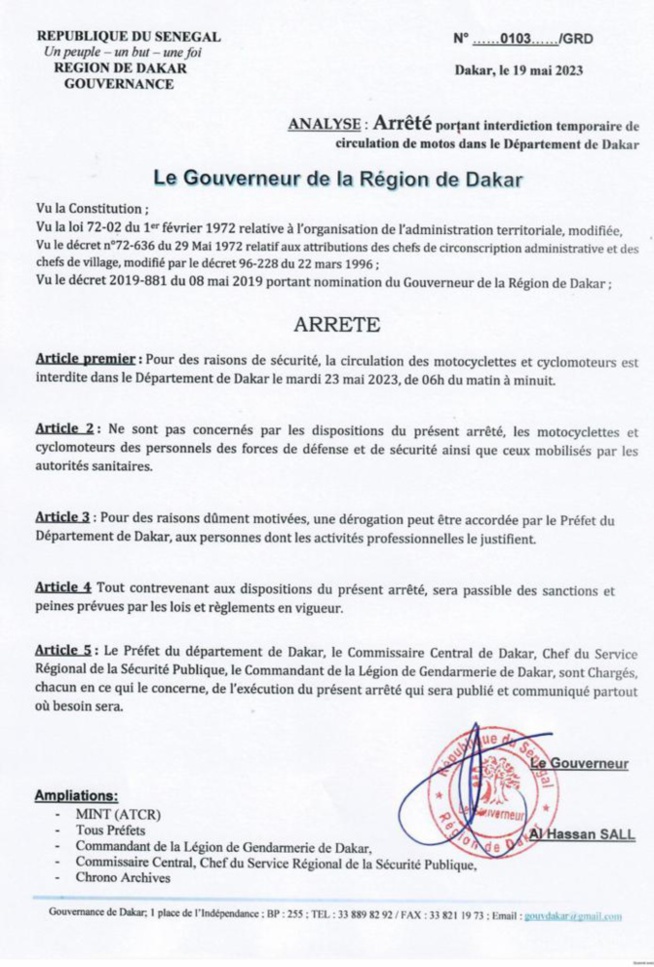 Procès Ousmane Sonko-Adji Sarr : Arrêté portant interdiction temporaire de circulation des motos dans le département de Dakar