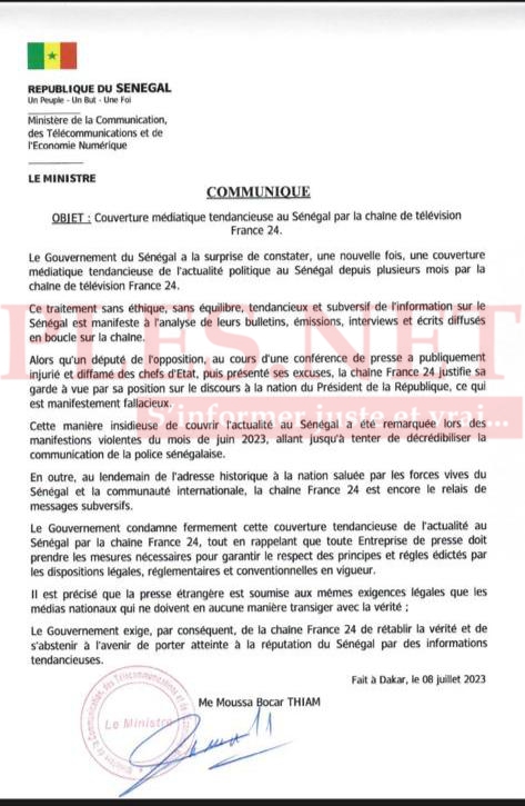 COMMUNIQUE: Couverture médiatique tendancieuse au Sénégal par la chaine de télévision France24