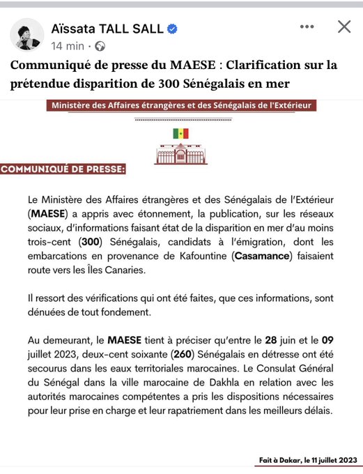 Migrants sénégalais disparus : Aïssata Tall Sall dénonce des "informations sans fondements"