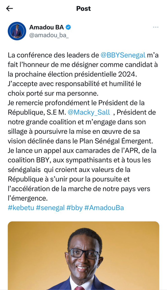 Tweet du Pm Amadou BA, candidat désigné de la coalition BBY