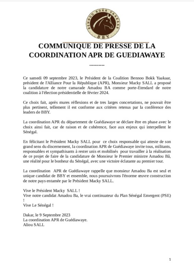 Communiqué de la coordination APR de Guédiawaye sur le choix du président Macky pour 2024.