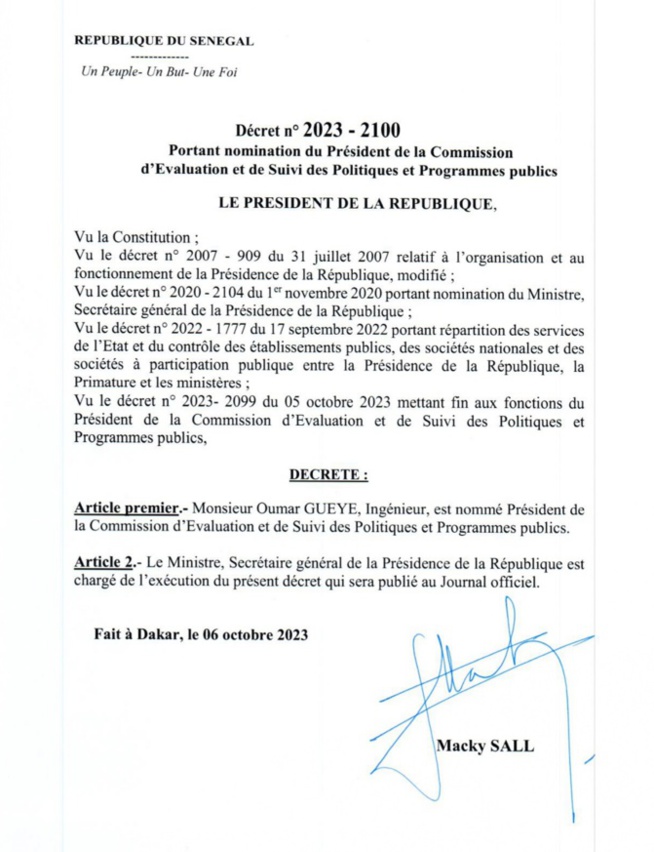 Nomination : Oumar Guèye, président de la Commission d'Evaluation et de Suivi des Politiques et Programmes publics