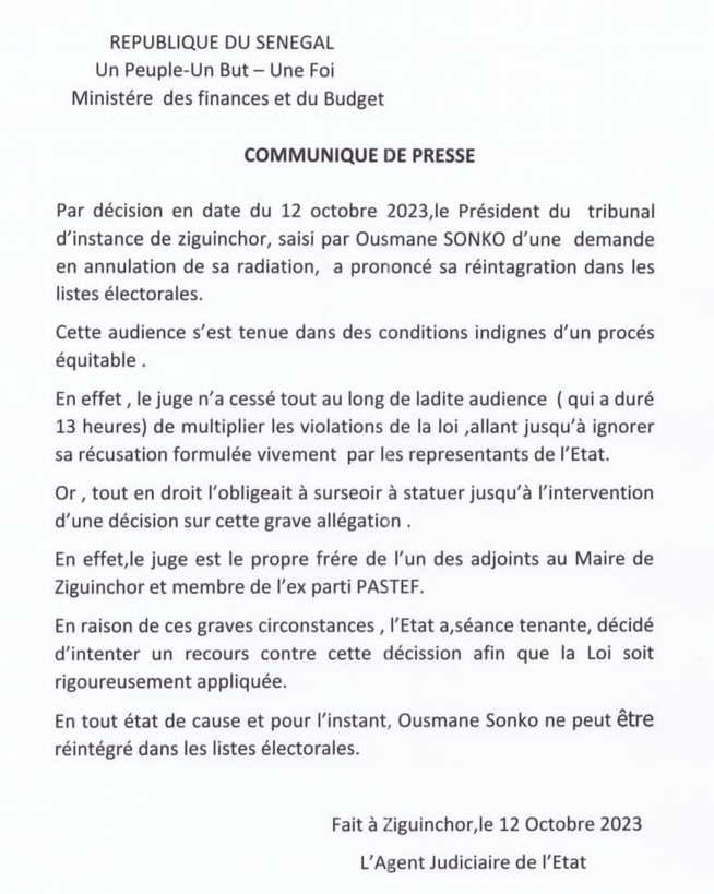 COMMUNIQUE DE PRESSE: L'Agent judiciaire de l'Etat dénonce les irrégularités du juge lors du procès de Sonko à Ziguinchor