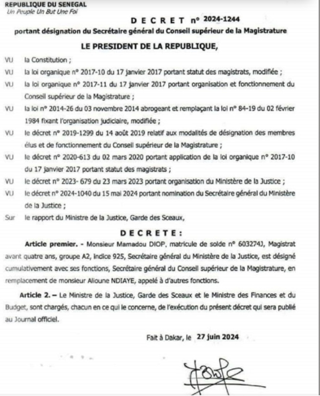 Conseil Supérieur de la Magistrature : Le magistrat Mamadou Diop en devient le nouveau Secrétaire général