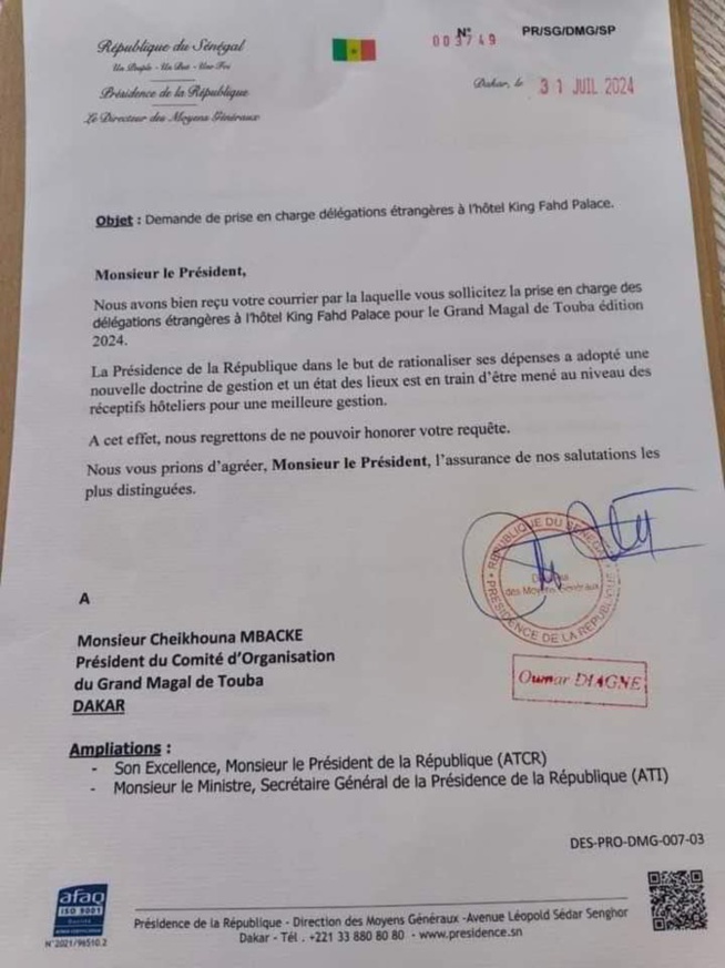 Prise en charge des délégations étrangères au King Fahad Palace: La présidence refuse la requête de la Commission d’organisation du Magal de Touba