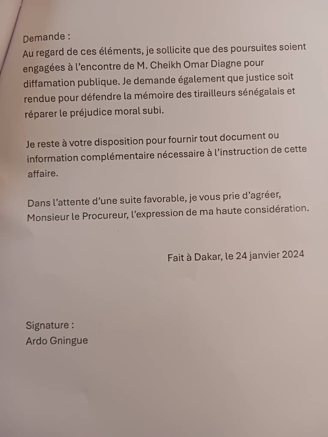 Plainte pour diffamation publique à l’encontre de M. Cheikh Omar Diagne par l'activiste Ardo Gningue