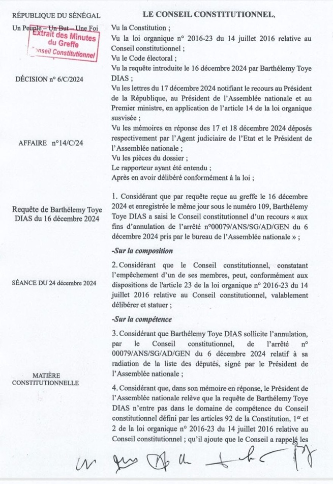 Le Conseil constitutionnel a rejeté la requête de Barthélemy  Diaz qui contestait  sa radiation du poste de député