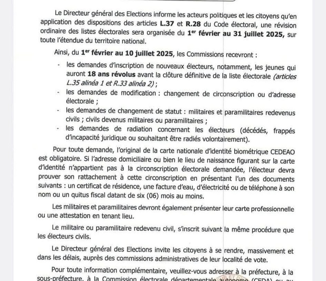 Document : Le ministère de l’intérieur annonce une révision des listes électorales