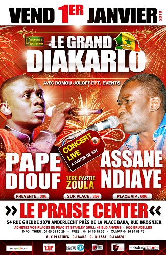 DOMOU DJOLOF PRODUCTION présente "Le Jakarlo" de l'année avec Pape Diouf et Assane Ndiaye. 30 Décembre à Brescia, 31 Décembre Torino en Italie, le 01 Janvier à Bruxelles et le 02 au Dock Eiffel à Paris.