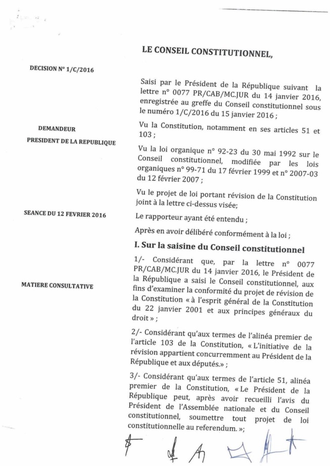 Projet de révision constitutionnelle:Ce que le Conseil constitutionnel a dit au président Macky Sall