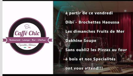 le "caffe chic restaurant" des almadies en haut du Patio vous informe le MENU du JEUDI au VENDREDI 12000f le plat au choix , BOISSON & SHISHA offertent. venez vous régalez avec la nouvelle équipe !!!