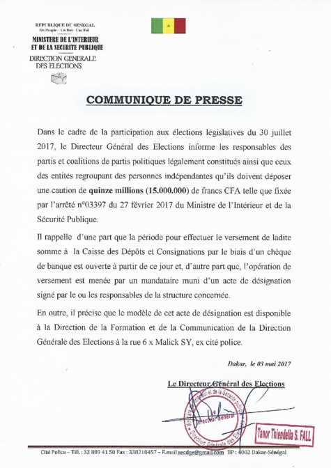 Communiqué de presse sur le dépôt de la caution pour les législatives du 30 juillet 2017