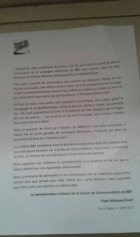 Résolution de Benno Bokk Yakaar de Dakar sur les violences politiques et le retrait des cartes d'électeurs