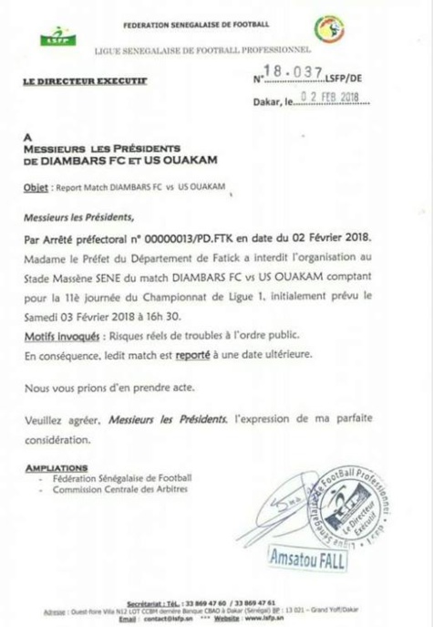 Crainte de troubles à l'ordre public : Diambars-Uso interdit par Madame le Préfet de Fatick