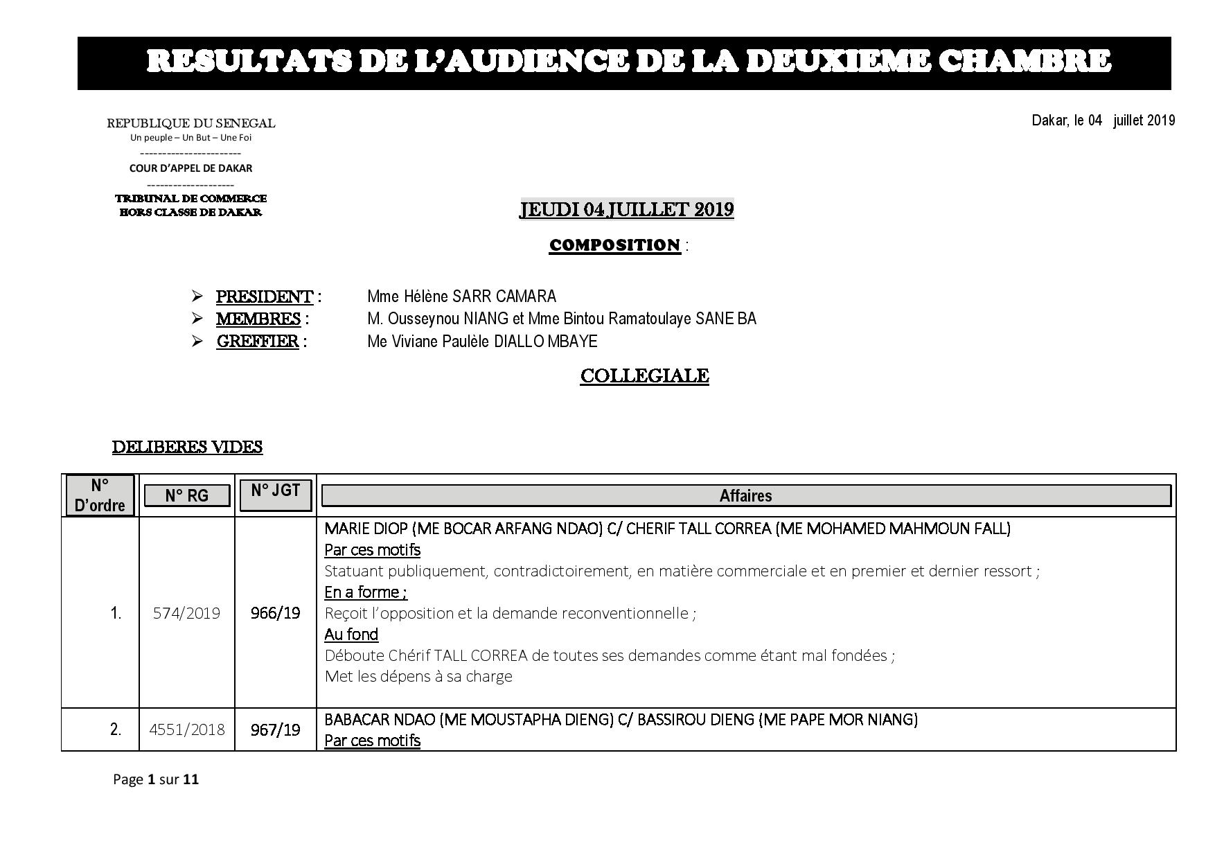 Tribunal du Commerce : Délibérés des Audiences du jeudi 4 juillet 2019