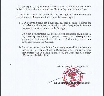 Motifs des arrestations de Guy Marius Sagna et Adama Gaye (Communiqué officiel)