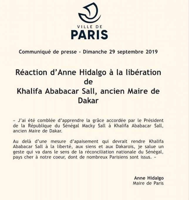 Libération de Khalifa Sall: la réaction d'Anne Hidalgo, maire de Paris