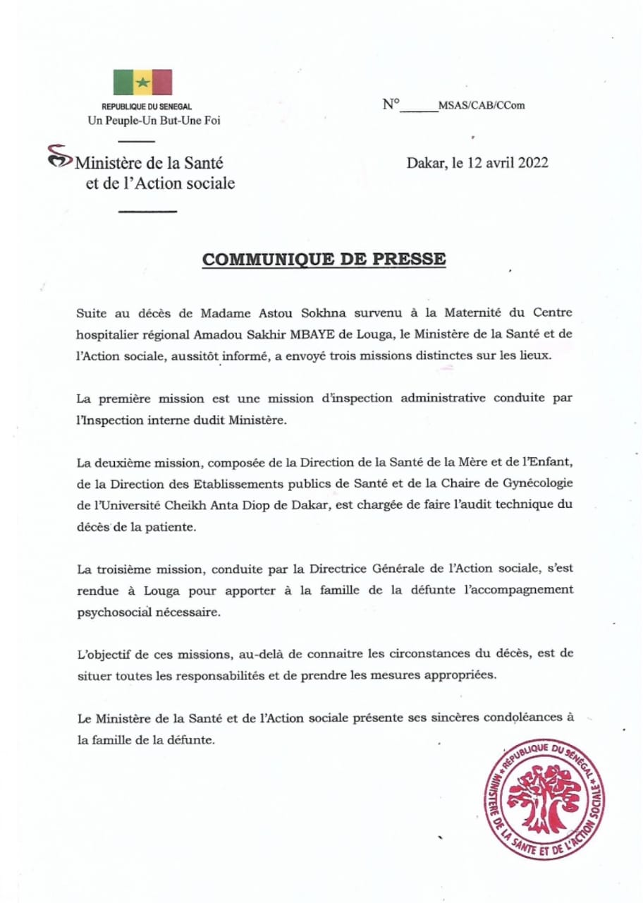 Communique de Presse du ministère de la santé suite au décès de Astou Sokhna Kane à l'hôpital Amadou Sakhir Mbaye de Louga