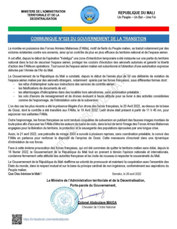 Violation de son espace aérien: le Gouvernement Malien condamne cette "provocation des forces francaises"
