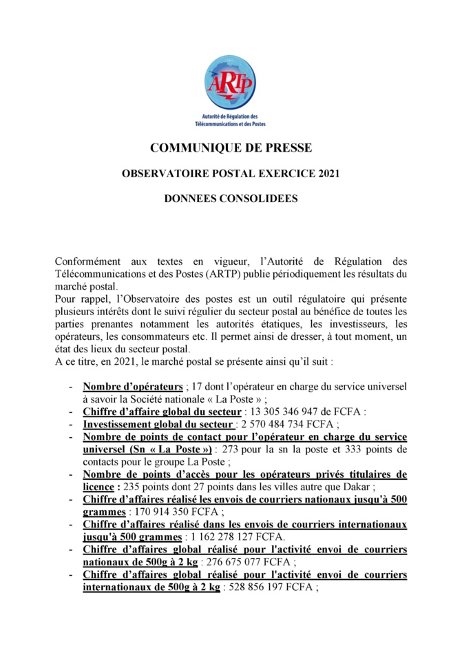 Eclairage sur les données de l’exercice 2021 livrées par l’Observatoire: le Chiffre d’affaires de la poste a chuté 24% de 2020 à 2021