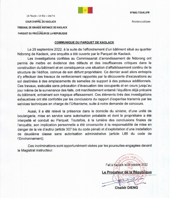 Effondrement d’un bâtiment au quartier Ndorong de Kaolack : Ces surprenantes découvertes après enquête…