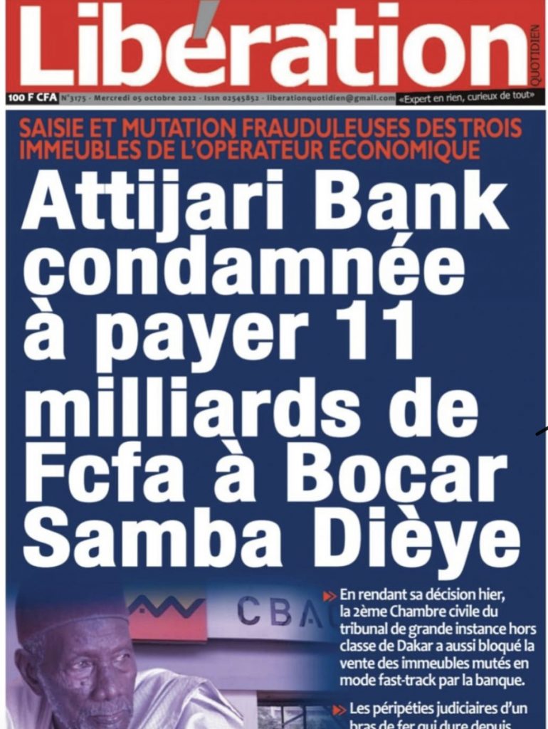 AttijariWafa Bank condamnée à payer 11 milliards à Bocar Samba Dièye