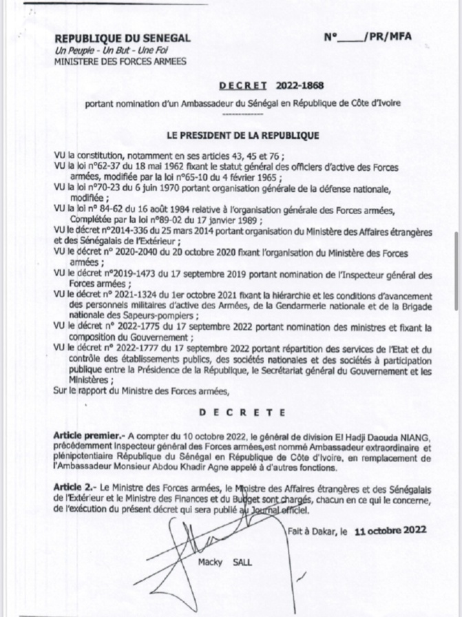 Nouvelles nominations : le général de division, Daouda Niang nouvel ambassadeur extraordinaire et plénipotentiaire du Sénégal en Cote D’ivoire