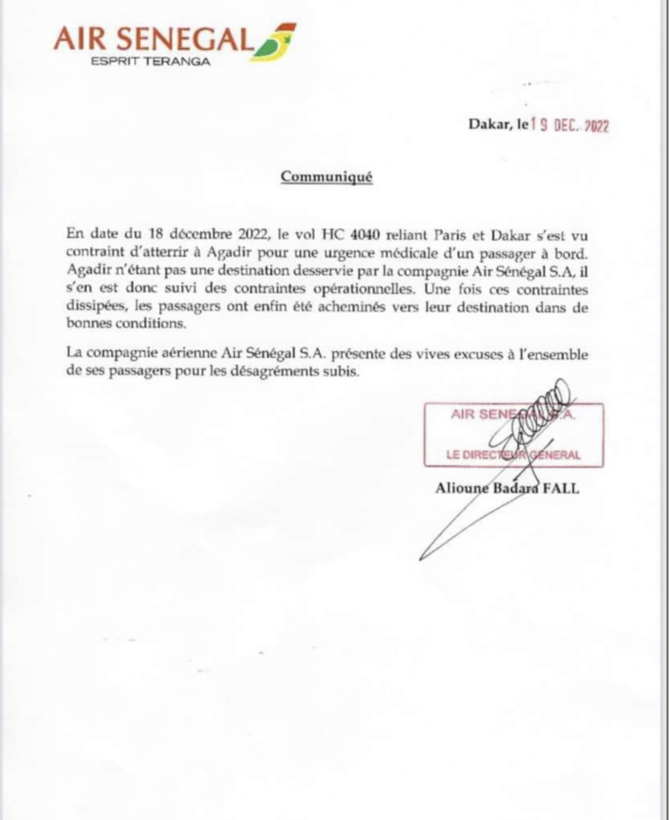 Desserte à Agadir / Le vol HC4040 indexé: Air Sénégal apporte des précisions