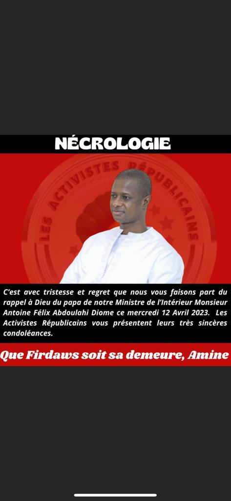 NECROLOGIE: Le Ministre de l'intérieur Antoine Felix Diome en deuil.